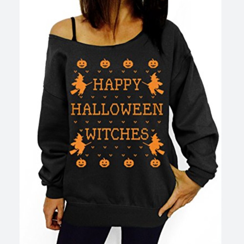 Happy Halloween Witches Black Crewneck Small
